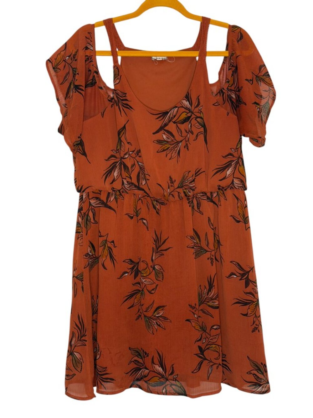 Eyeshadow Mini Dress Cold Shoulder Chiffon Blouson Floral Orange XL